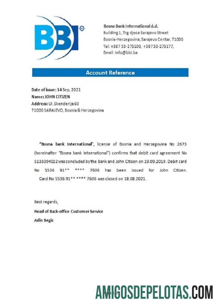 Bósnia e Herzegovina Referência de fechamento internacional do Bosna Bank exemplo real